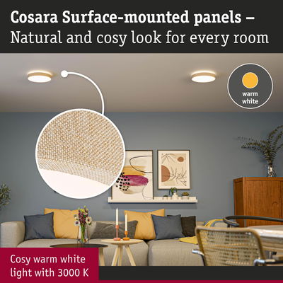 Cosara surface-mounted panel with beige fabric and warm white light for cozy living spaces