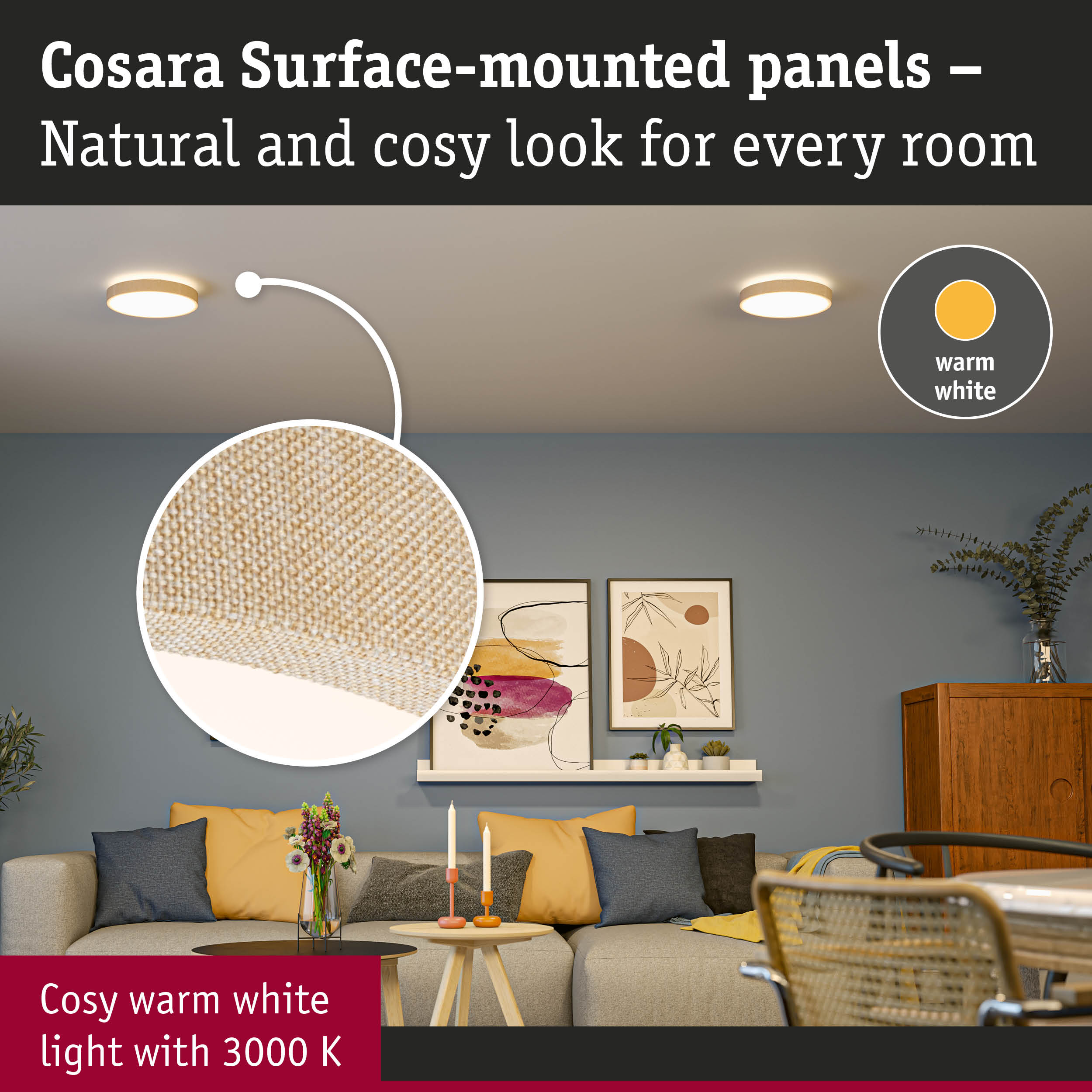Cosara surface-mounted ceiling lights with warm white light and natural textile look for cozy rooms