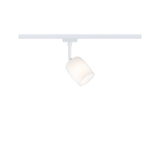 Modern white LED spotlight with glass shade on white track for flexible lighting solutions