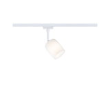 Moderner weißer LED-Strahler mit Glaslampenschirm an weißer Schiene für flexible Beleuchtung