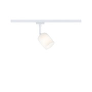Moderner weißer LED-Strahler mit Glaslampenschirm an weißer Schiene für flexible Beleuchtung