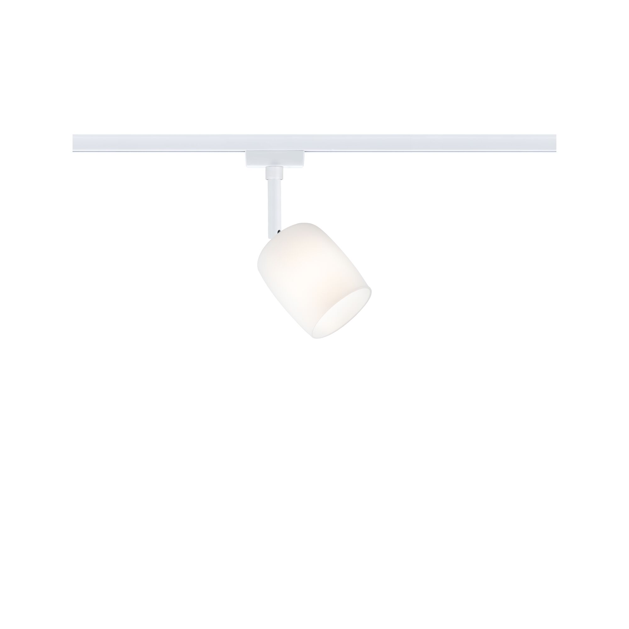 Moderner weißer LED-Strahler mit Glaslampenschirm an weißer Schiene für flexible Beleuchtung