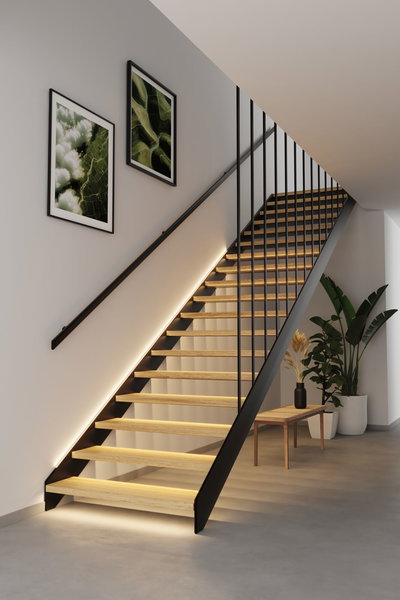 Escalier moderne avec marches en bois et garde-corps en métal noir, éclairage LED sous les marches