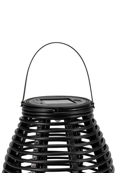 Black plastic solar lantern with handle and open grid design for outdoor and garden lighting