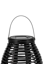 Black plastic solar lantern with handle and open lattice design for outdoor lighting
