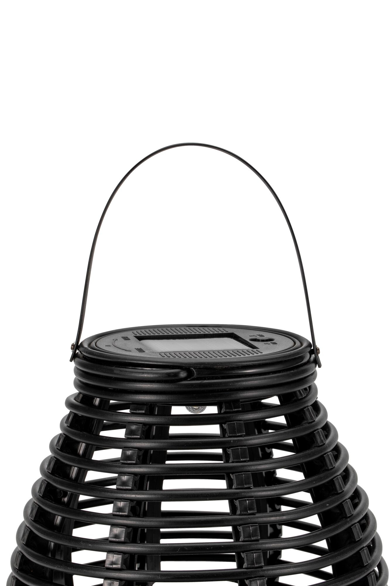 Black plastic solar lantern with handle and open lattice design for outdoor lighting