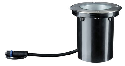 Round recessed spotlight in black plastic with stainless steel rim and cable for outdoor lighting
