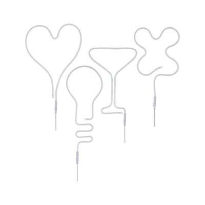 Weiße LED-Neonlichter in Herz-, Glühbirnen-, Cocktail- und Schmetterlingsform für dekorative Beleuchtung.