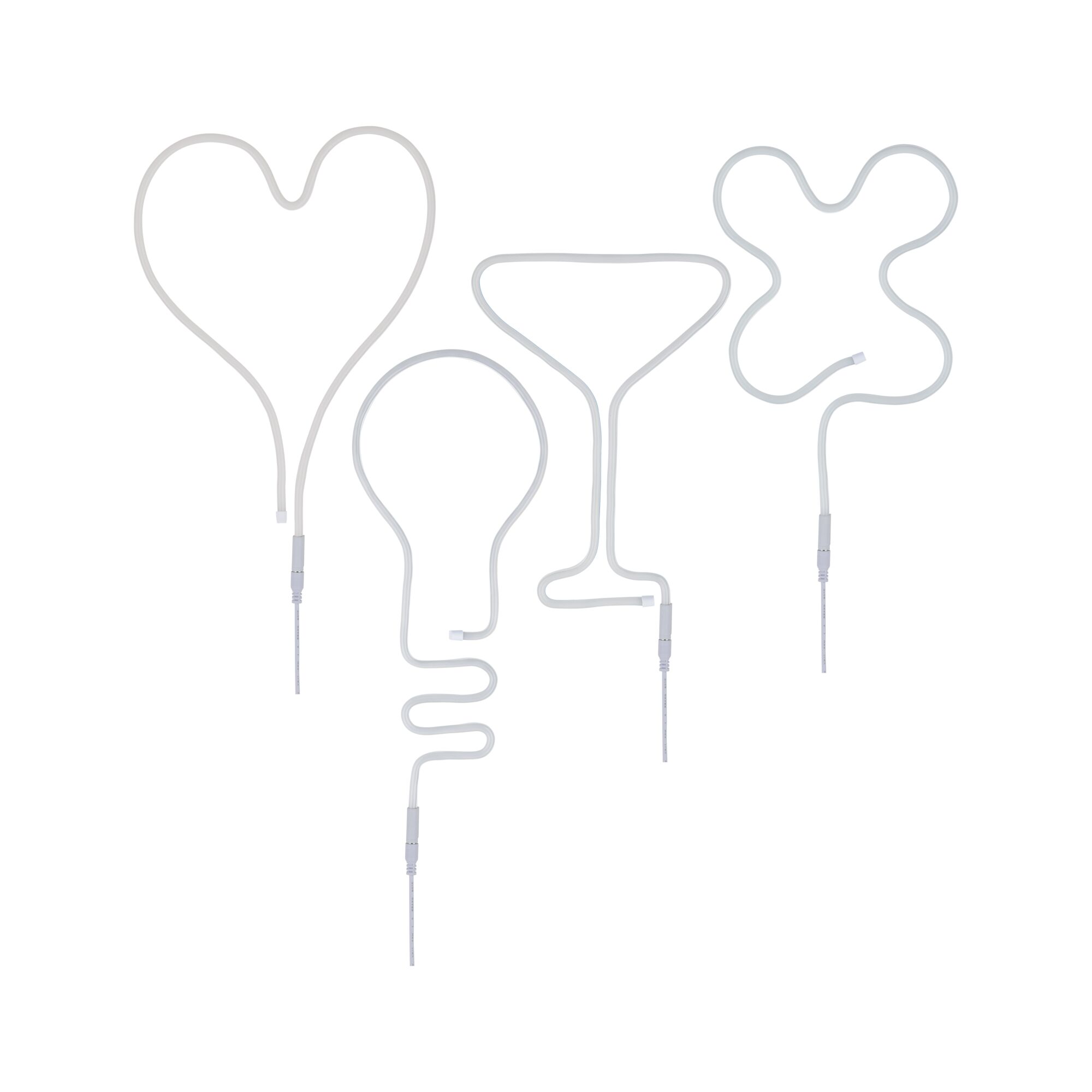 White LED neon lights shaped as heart, bulb, cocktail glass, and butterfly for decorative lighting.