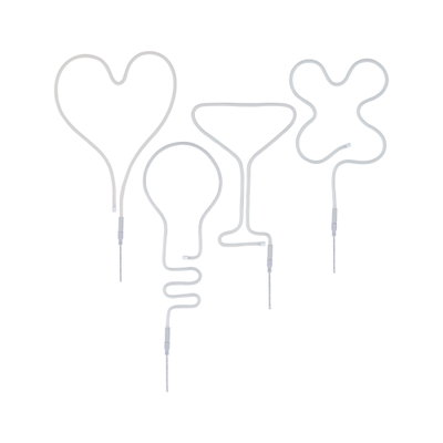 Weiße LED-Neonlichter in Herz-, Glühbirnen-, Cocktail- und Schmetterlingsform für dekorative Beleuchtung.