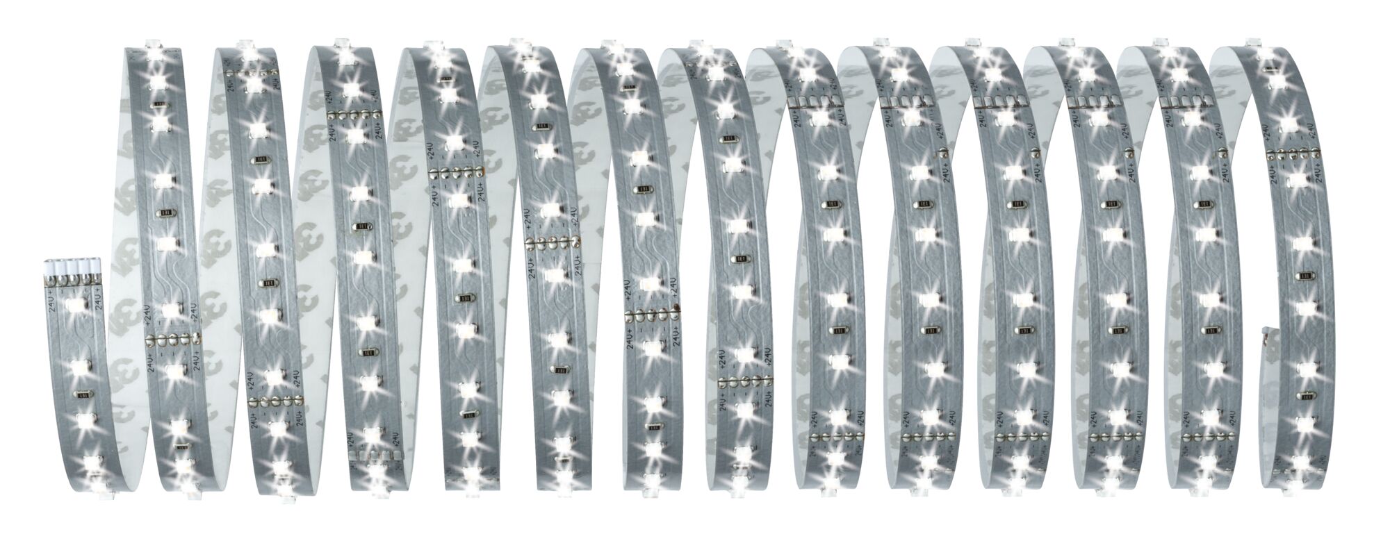 Flexible LED strip with white LEDs on silver circuit board for versatile lighting applications