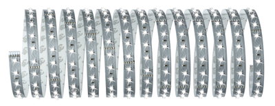 Flexible LED strip with white LEDs on silver circuit board for versatile lighting applications
