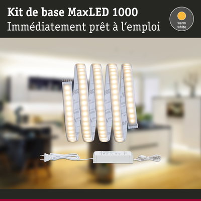 Kit de bande LED MaxLED 1000 avec lumière blanc chaud, alimentation et câble pour éclairage intérieur