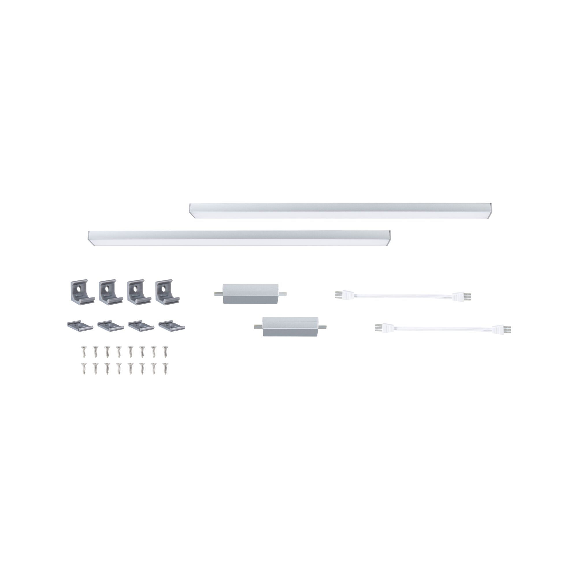 Two white LED strips with mounting clips, screws, and connectors for versatile lighting setup