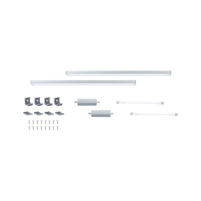 Two white LED strips with mounting clips, screws, and connectors for versatile lighting setup