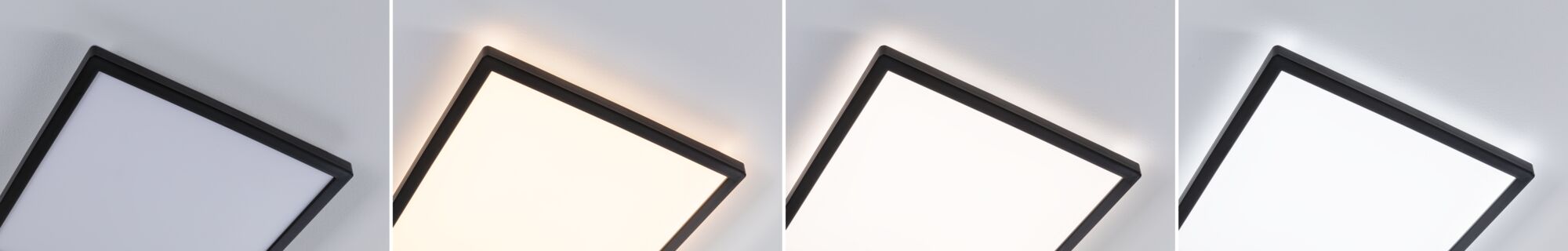 Four views of a square ceiling light with black frame and adjustable color temperature for living spaces