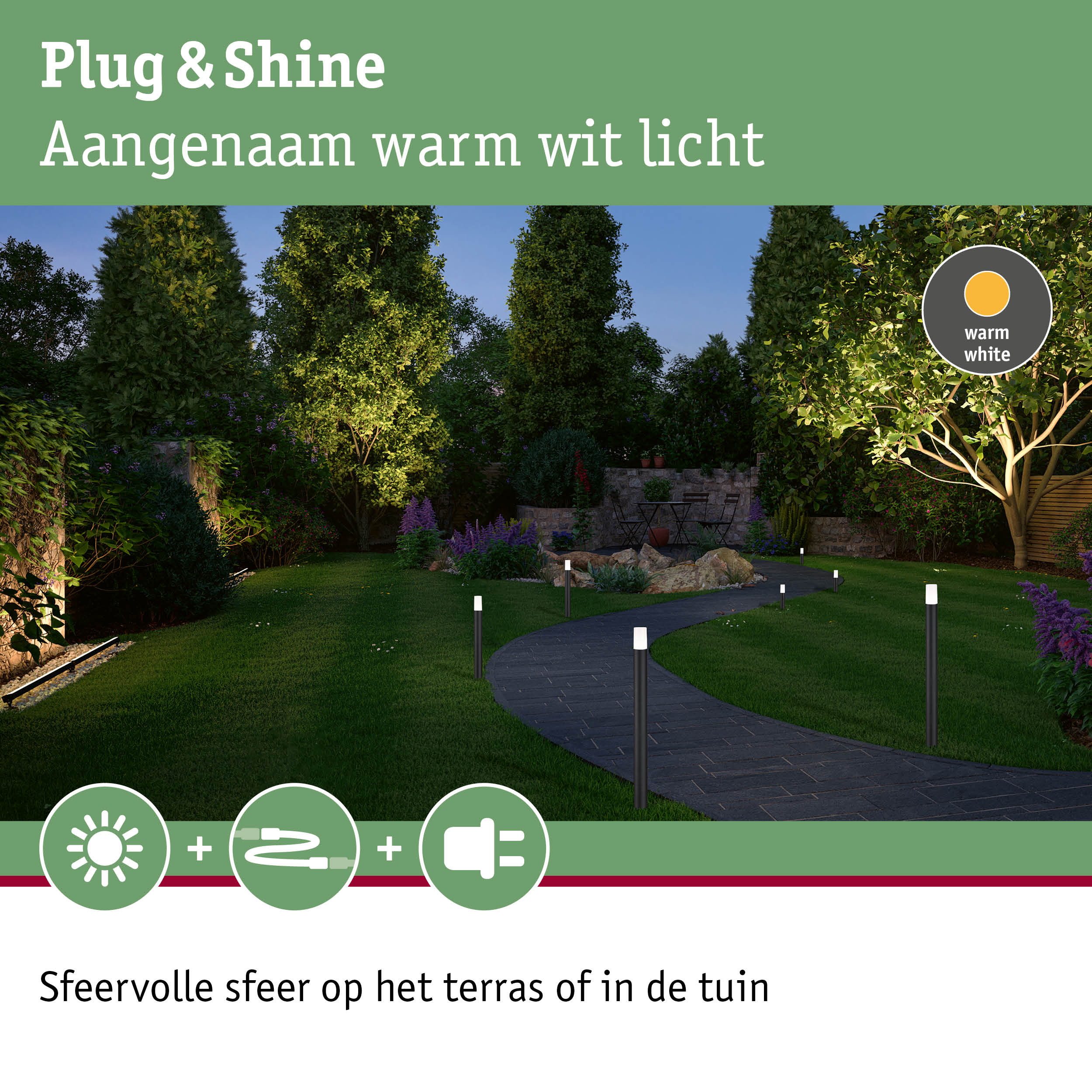 Tuinpad verlicht met warm wit licht door paaltjes voor sfeervolle buitenverlichting