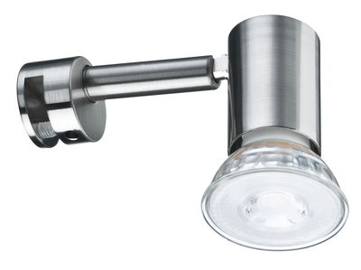 Modern LED wall spotlight in brushed stainless steel with clear glass and adjustable head