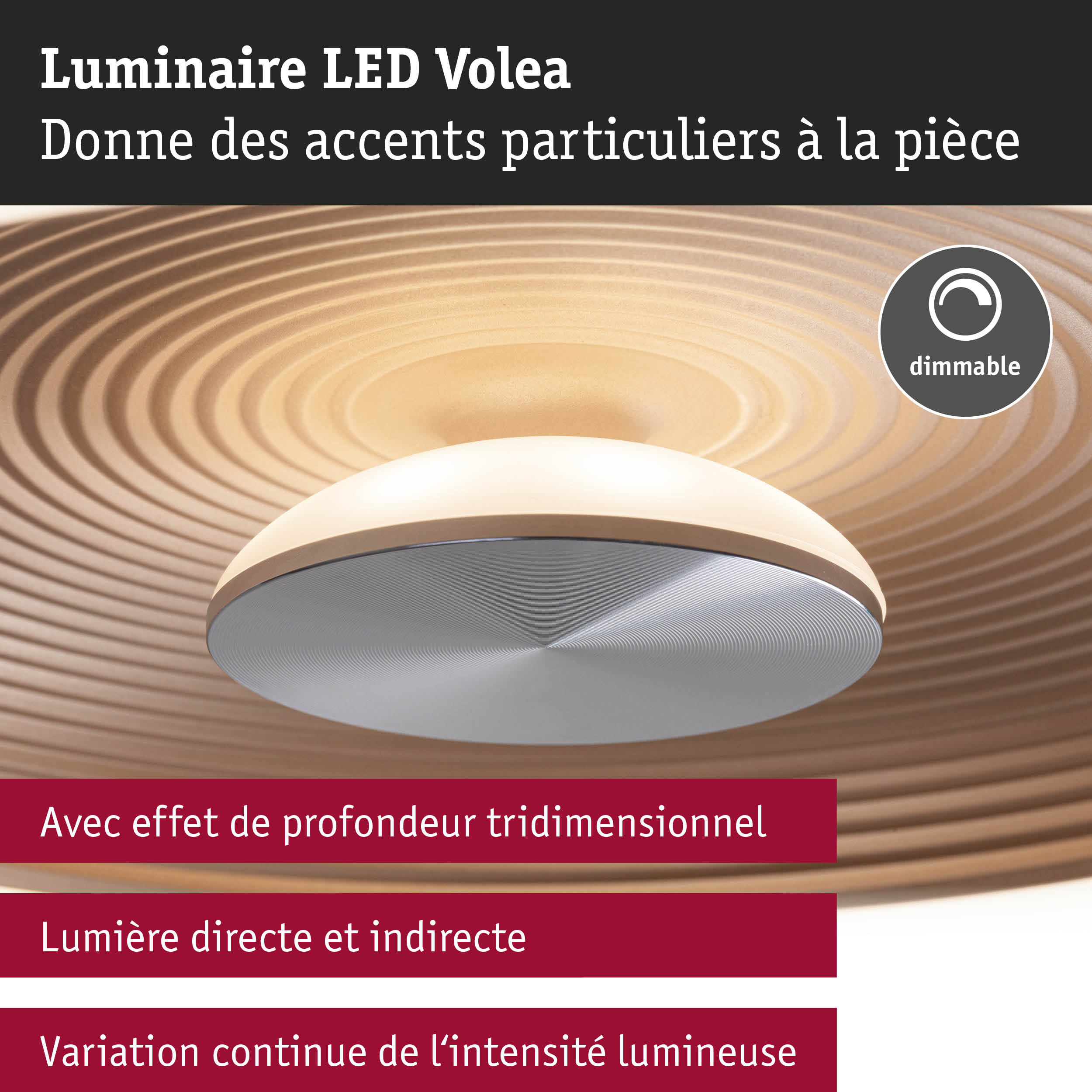 Plafonnier LED Volea 3000K 950lm 230V 3,5W / 13W gradable Noir/Doré/Argent