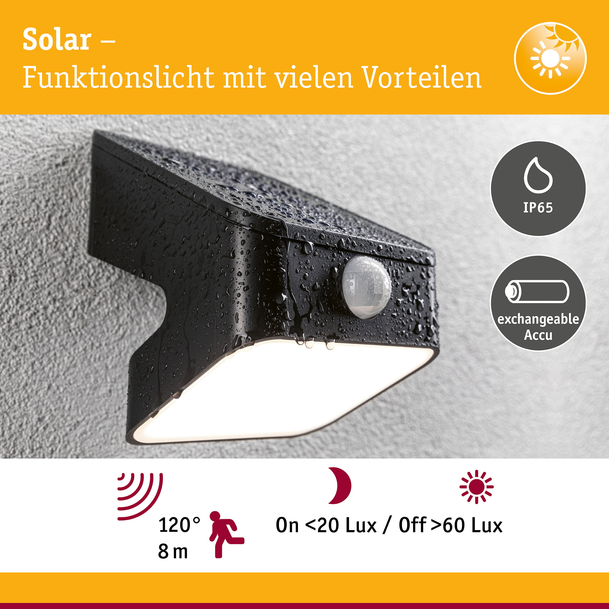 Solar LED Wandfluter Lesly Dämmerungsgesteuerter Bewegungsmelder (IR) IP65 eckig 113x138mm 3000K 5,5W 400lm 3,7V Anthrazit Kunststoff