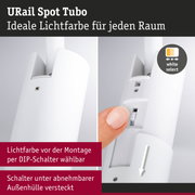 Weißer URail Spot Tubo Strahler mit DIP-Schalter zur Lichtfarbwahl, versteckt unter abnehmbarer Außenhülle