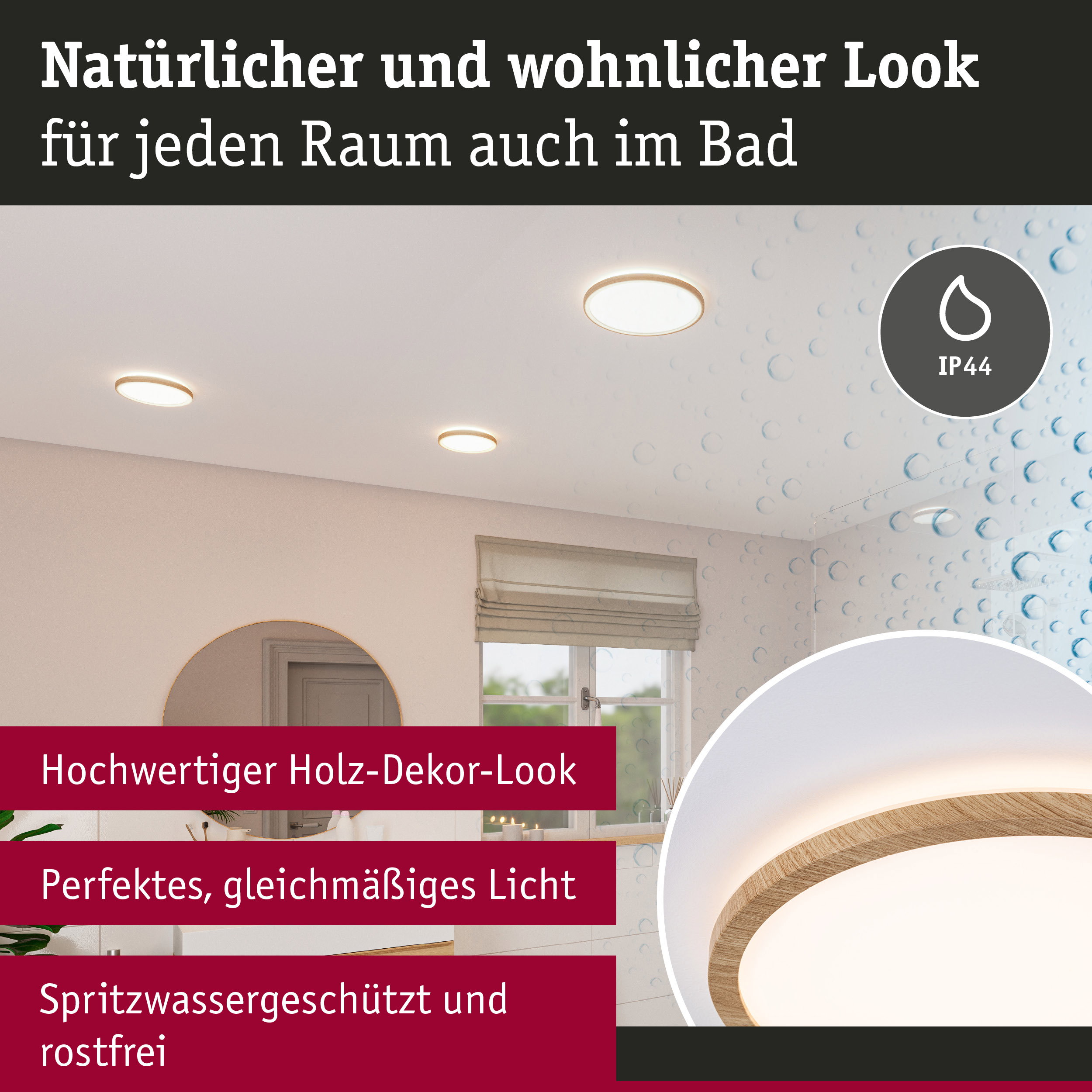 Runde Deckenleuchte mit Holz-Dekor-Look in Weiß für Badezimmer mit IP44 Schutz