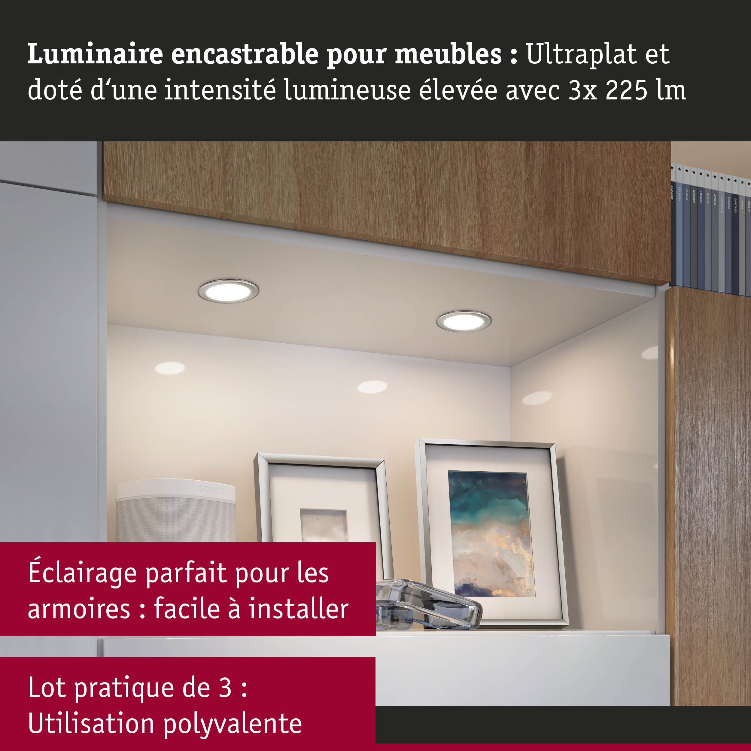 Luminaire encastrable ultrafin blanc pour meubles avec forte intensité lumineuse, idéal pour éclairage d'armoires