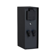 Black metal socket box with IP44 protection and two blue rotary switches for outdoor use