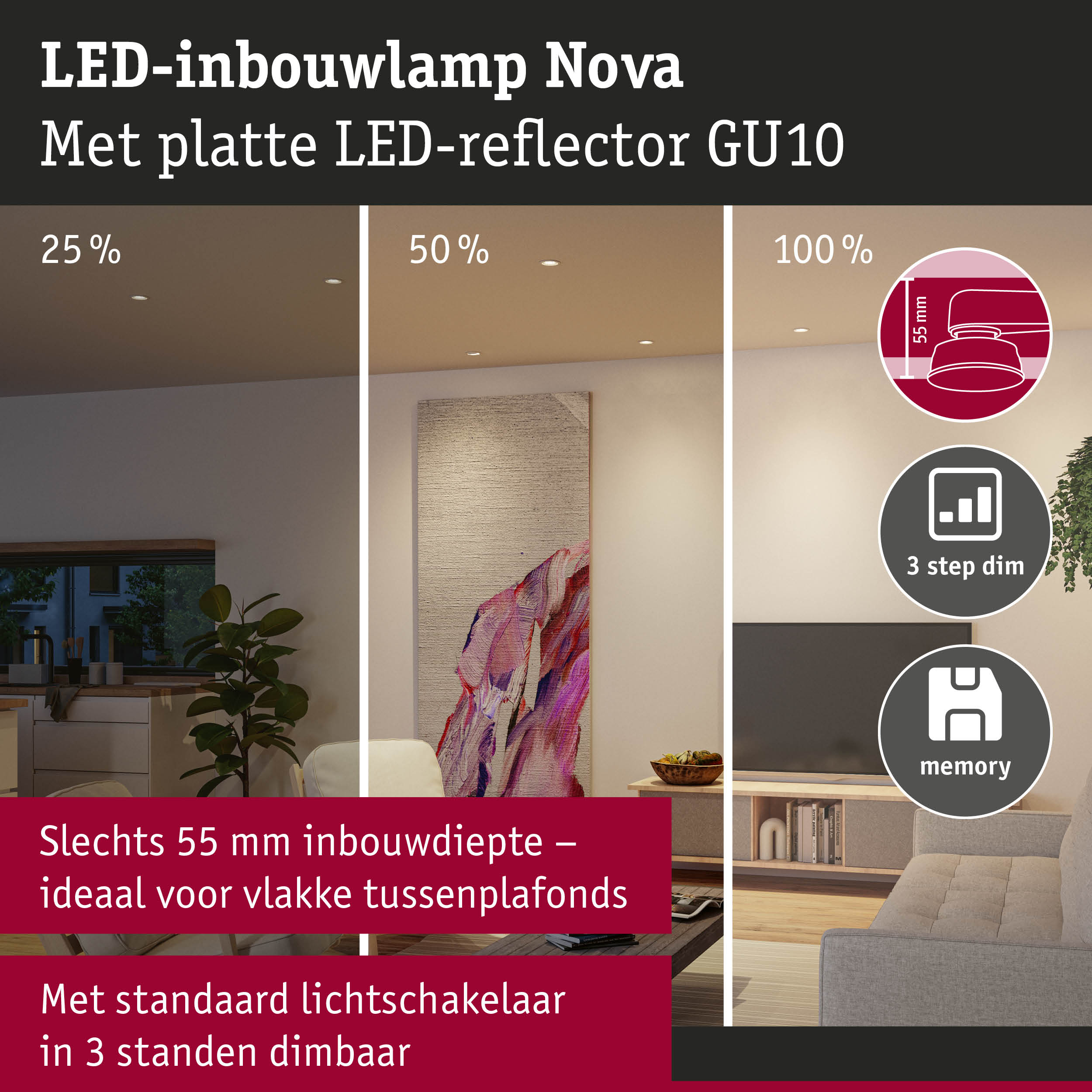 LED-inbouwlamp Nova met platte LED-reflector GU10, 55 mm inbouwdiepte, 3-standen dimbaar