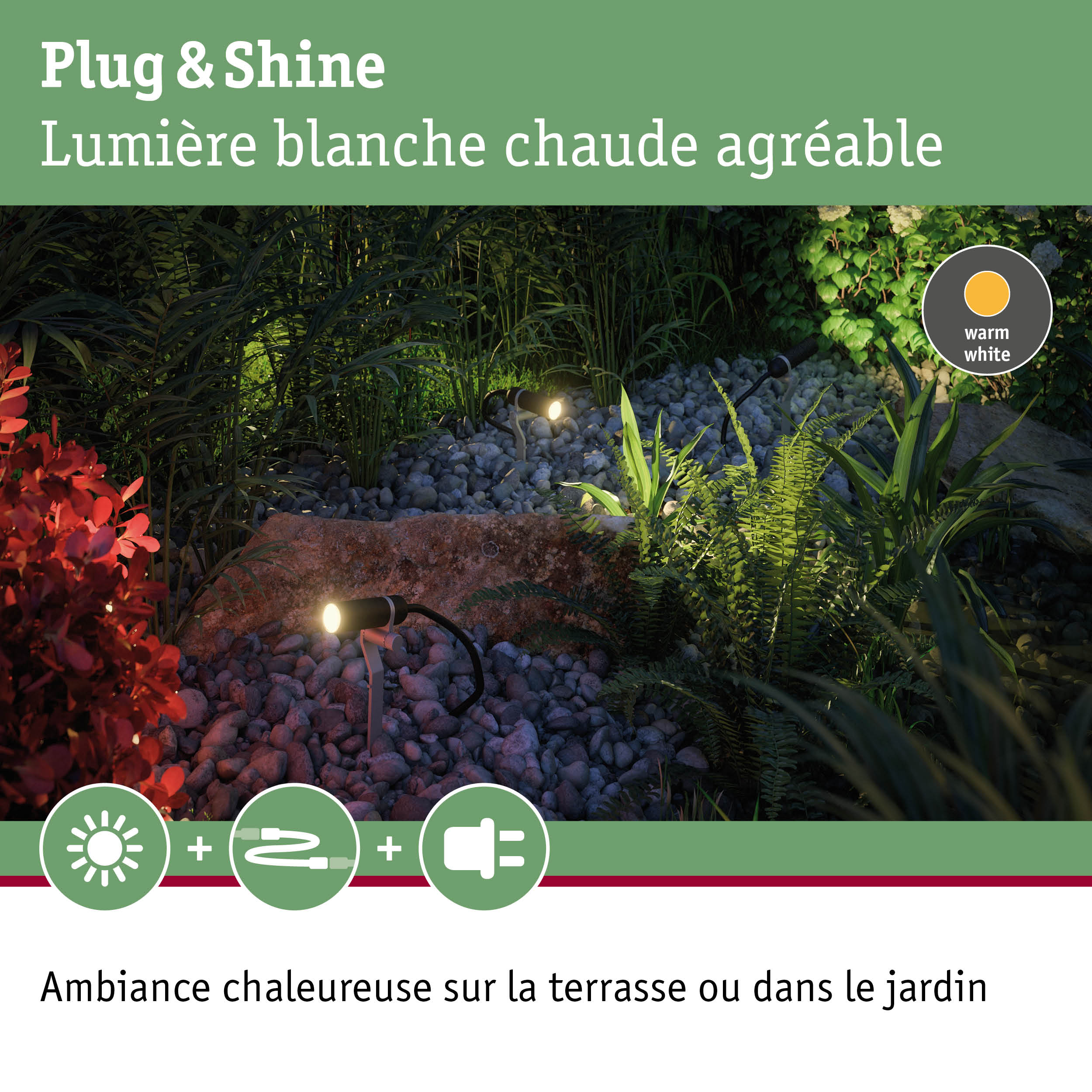 Projecteur de jardin Plug & Shine avec lumière blanc chaud pour éclairage extérieur chaleureux