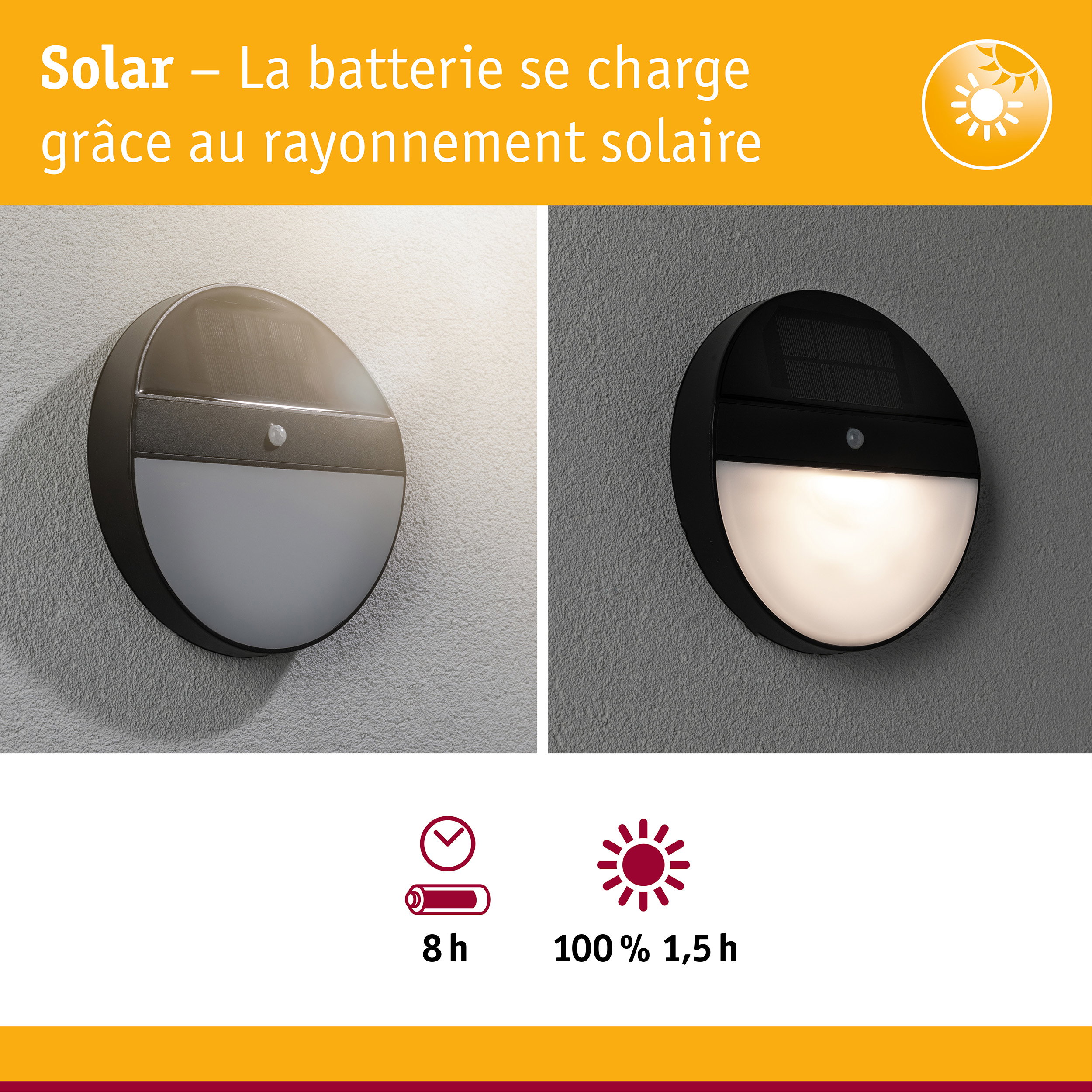 Applique murale solaire ronde noire avec détecteur de mouvement et éclairage LED économique