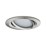 Round brushed stainless steel spotlight with white diffuser for modern LED recessed lighting.