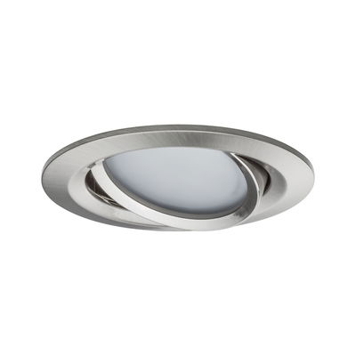 Round brushed stainless steel spotlight with white diffuser for modern LED recessed lighting.
