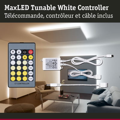 Contrôleur MaxLED Tunable White avec télécommande et câbles pour éclairage LED dans un salon moderne