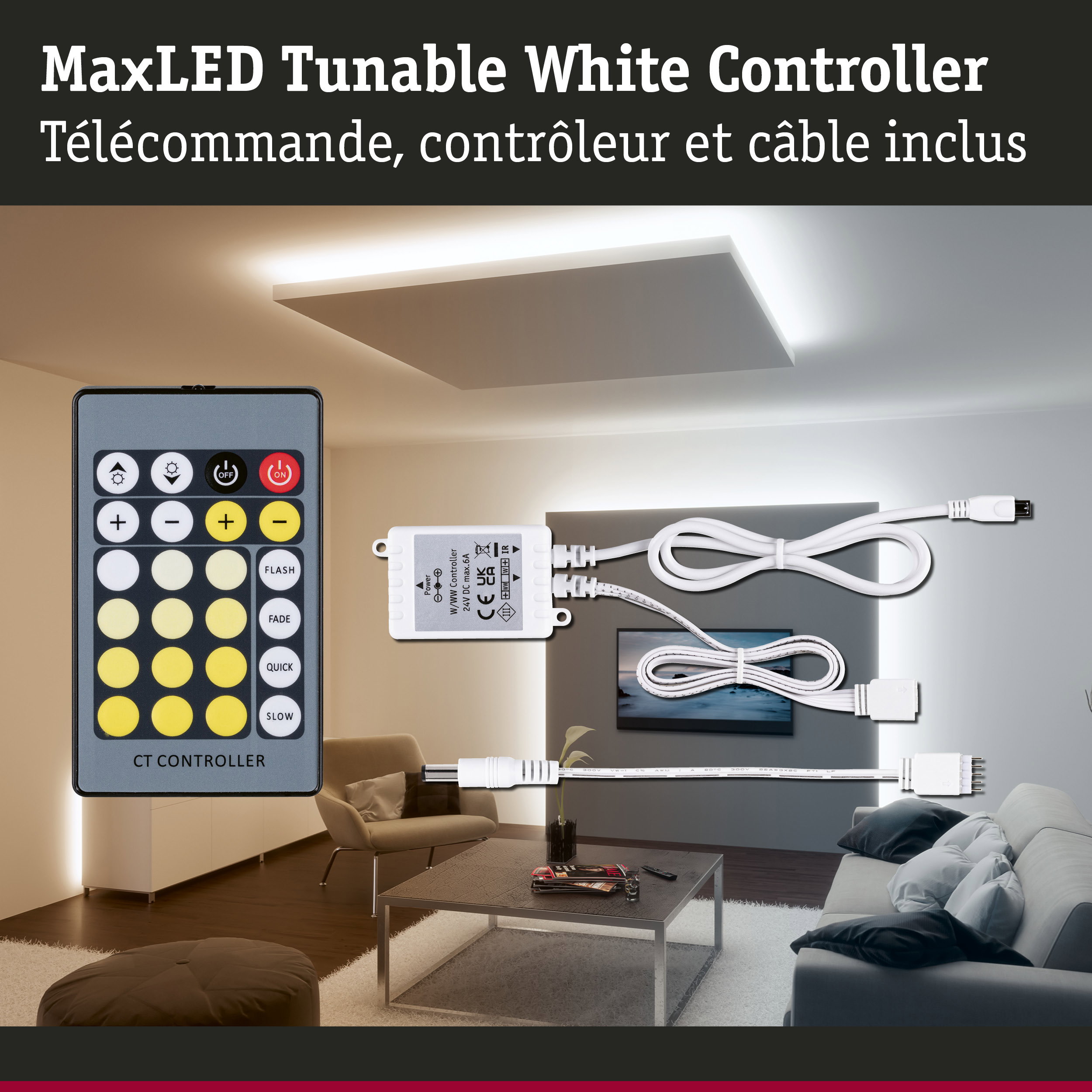 Contrôleur MaxLED Tunable White avec télécommande et câble blanc pour gestion d'éclairage LED