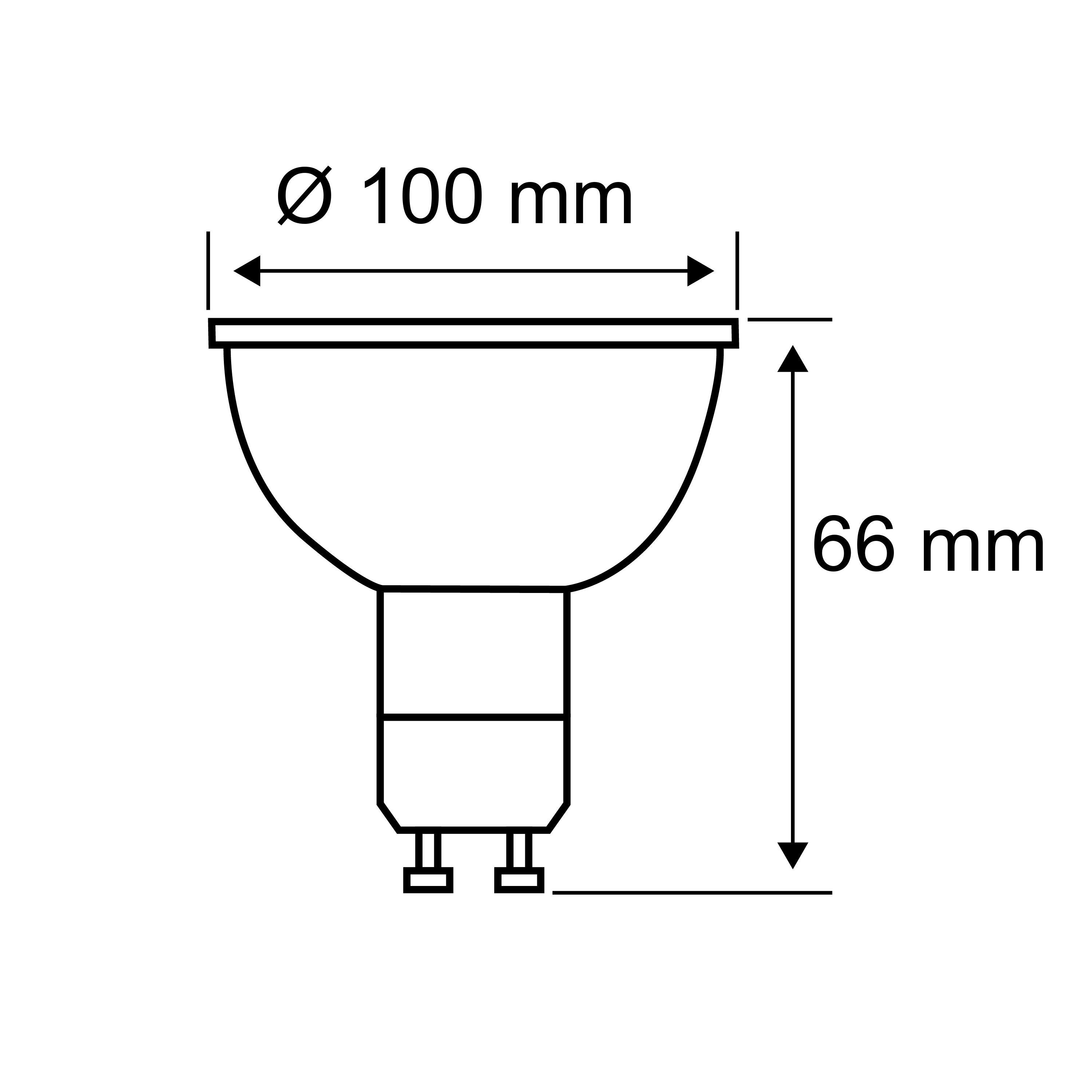 Dessin technique d’une ampoule LED GU10 de 100 mm de diamètre et 66 mm de hauteur, dimensions.