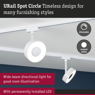 White URail Spot Circle LED spotlight with dimmable neutral white light for versatile room illumination