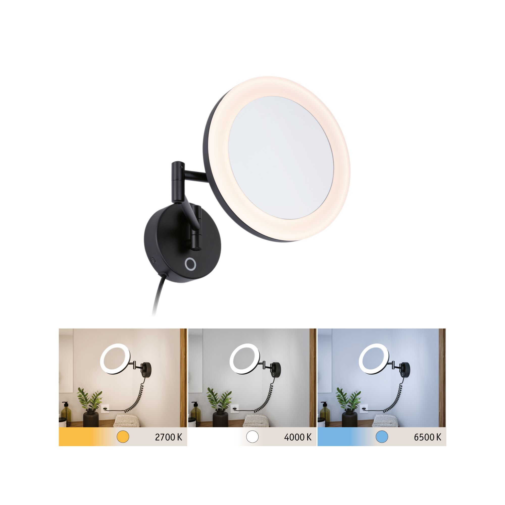 Miroir mural LED noir avec éclairage réglable en 2700K, 4000K et 6500K pour salle de bain.