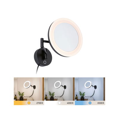 Miroir mural LED noir avec éclairage réglable en 2700K, 4000K et 6500K pour salle de bain.