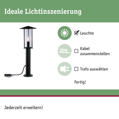 Schwarze Außenleuchte mit klarem Glas und Kabel für Gartenbeleuchtung, einfache Installation ohne Trafo.