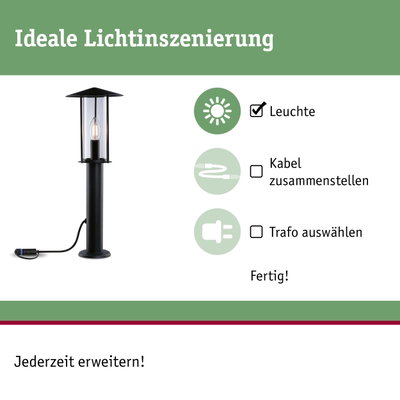 Schwarze Außenleuchte mit klarem Glas und Kabel für Gartenbeleuchtung, einfache Installation ohne Trafo.