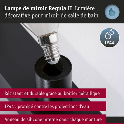 Lampe de miroir Regula II avec boîtier métallique noir et protection IP44 pour salle de bain