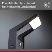 Schwarze LED-Außenleuchte mit integriertem Bewegungsmelder und fest verbautem Leuchtmittel für Gartenbeleuchtung