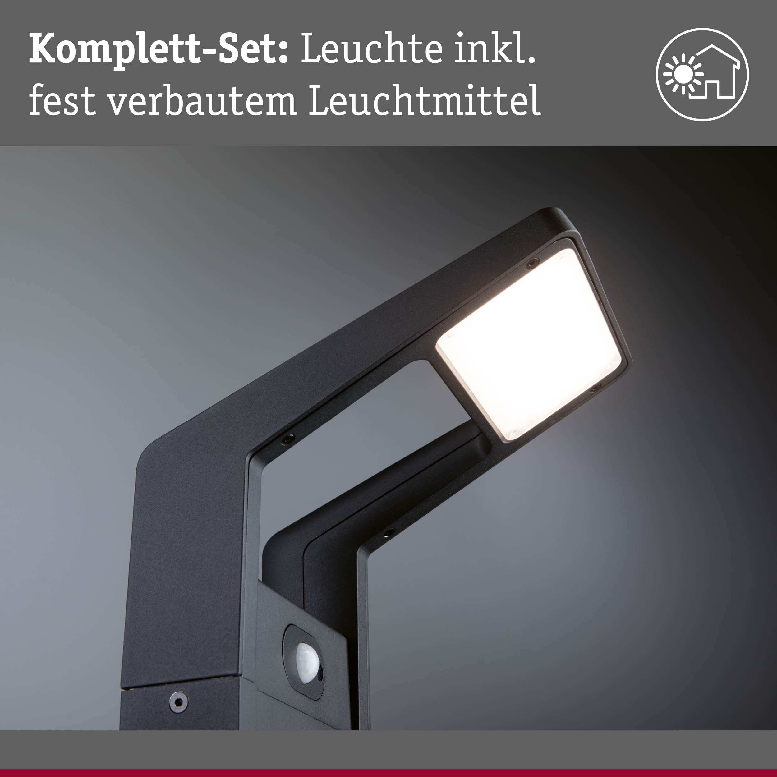 Schwarze LED-Außenleuchte mit integriertem Bewegungsmelder und fest verbautem Leuchtmittel für Gartenbeleuchtung