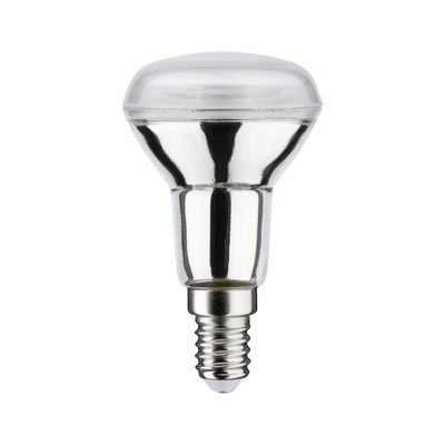 Reflector bulb with E14 base made of clear glass and silver coating for focused lighting