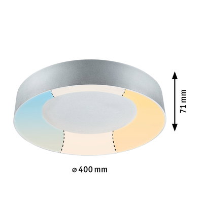 Runde Deckenleuchte aus silbernem Metall mit 400 mm Durchmesser und einstellbarer Lichtfarbe.