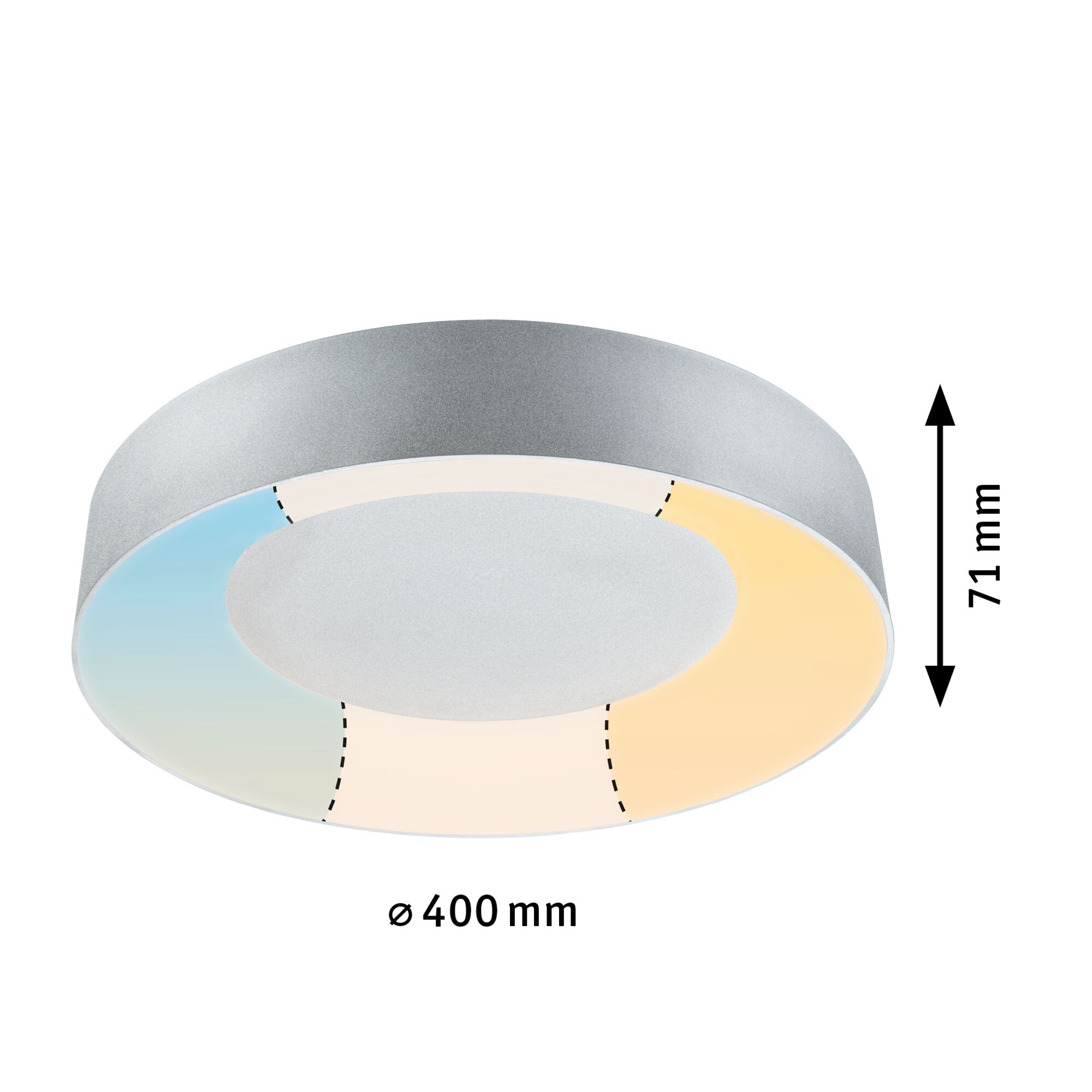 Round ceiling light in silver metal, 400 mm diameter, with adjustable color temperature lighting.
