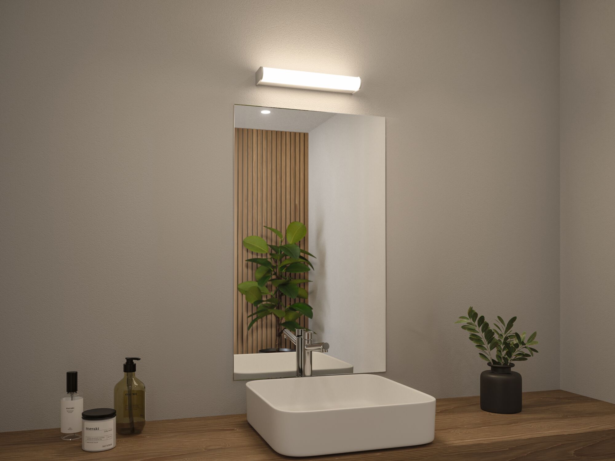 Moderne badkamer met witte keramische wastafel, houten aanrecht en LED-spiegelverlichting.