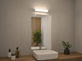 Salle de bain moderne avec lavabo en céramique blanc, plan de travail en bois et éclairage miroir LED.