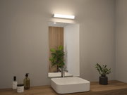 Salle de bain moderne avec lavabo en céramique blanc, plan de travail en bois et applique LED au-dessus du miroir